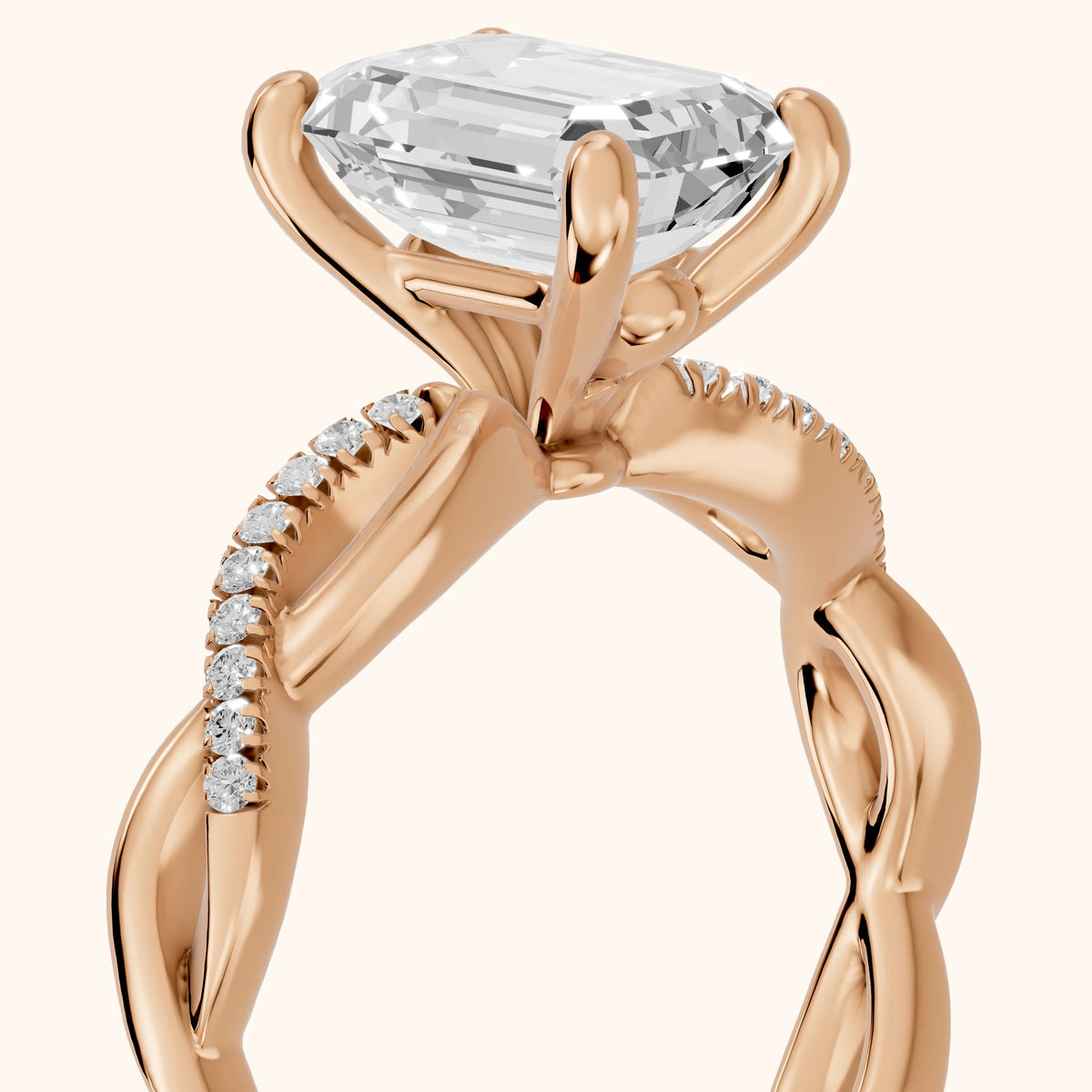 Carys Twist Pavé Emerald Diamond Engagement Ring in Rose Gold - slant-view.webp