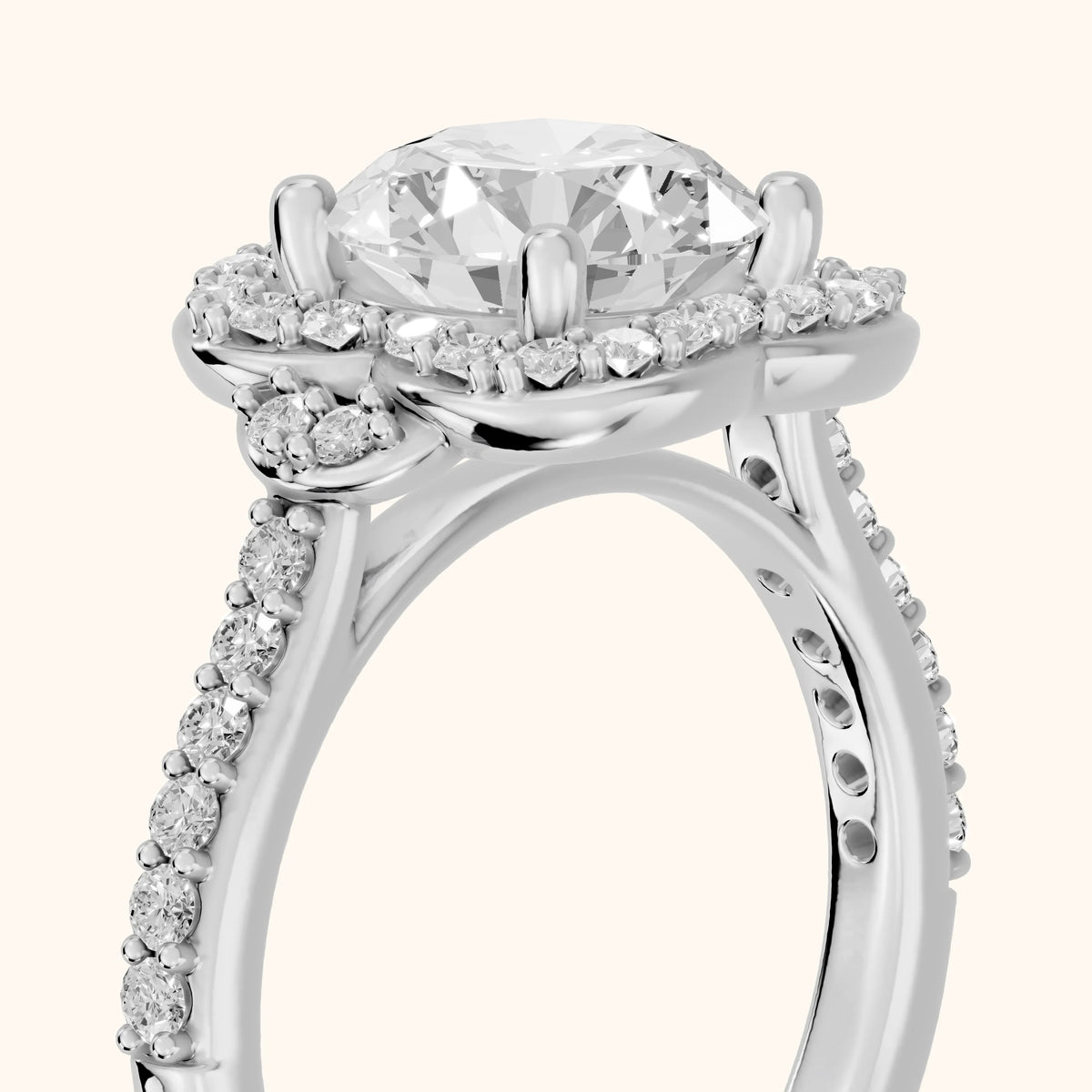 Amy Floral Halo Round Diamond Engagement Ring in Platinum - slant-view.webp