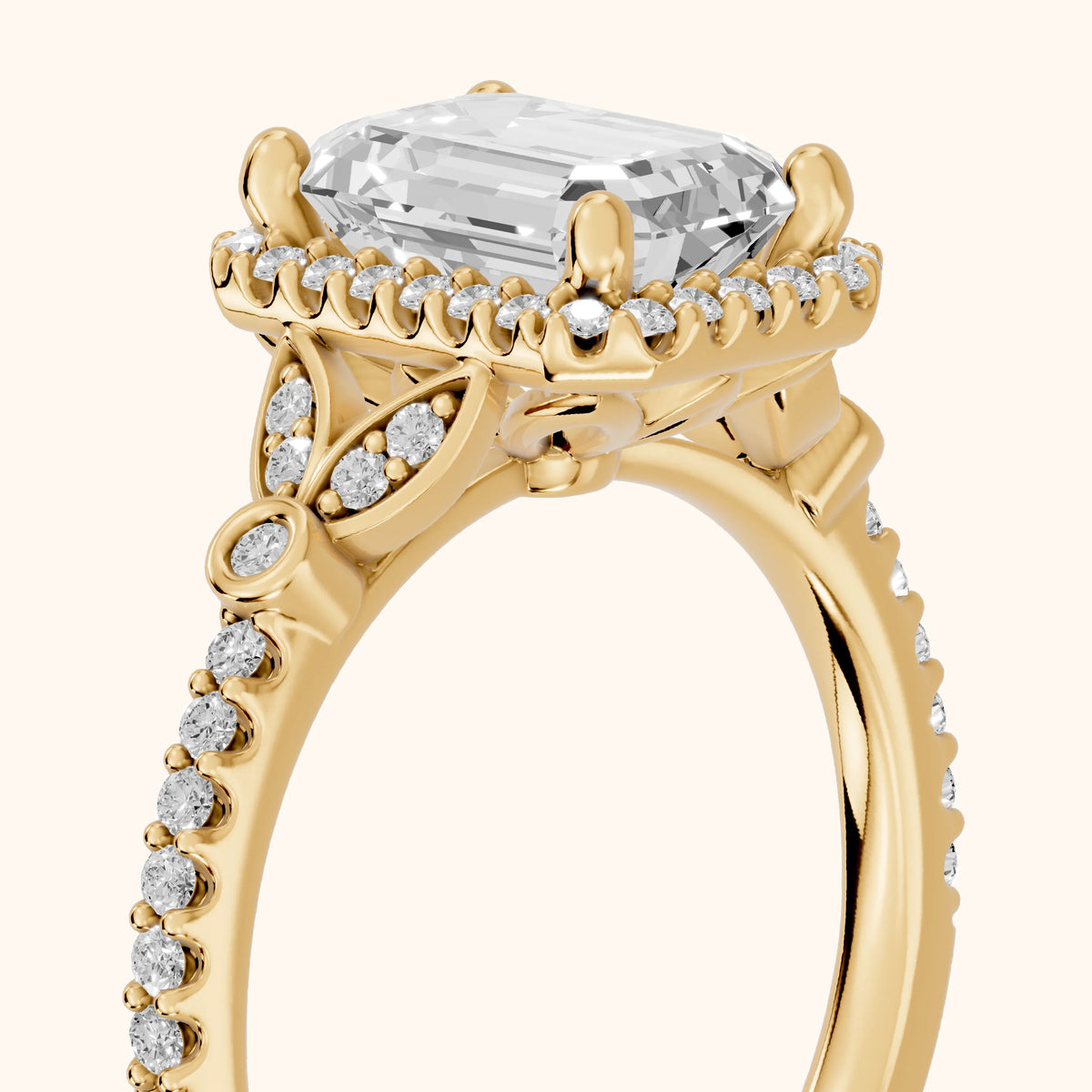 Sitka Leaf Halo Emerald Diamond Engagement Ring in Yellow Gold - slant-view.webp