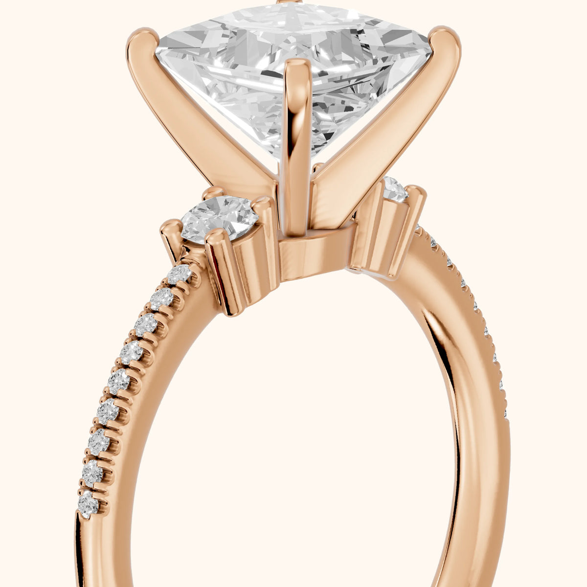 Nerissa Three-Stone Micropavé Princess Diamond Engagement Ring in Rose Gold - slant-view.webp