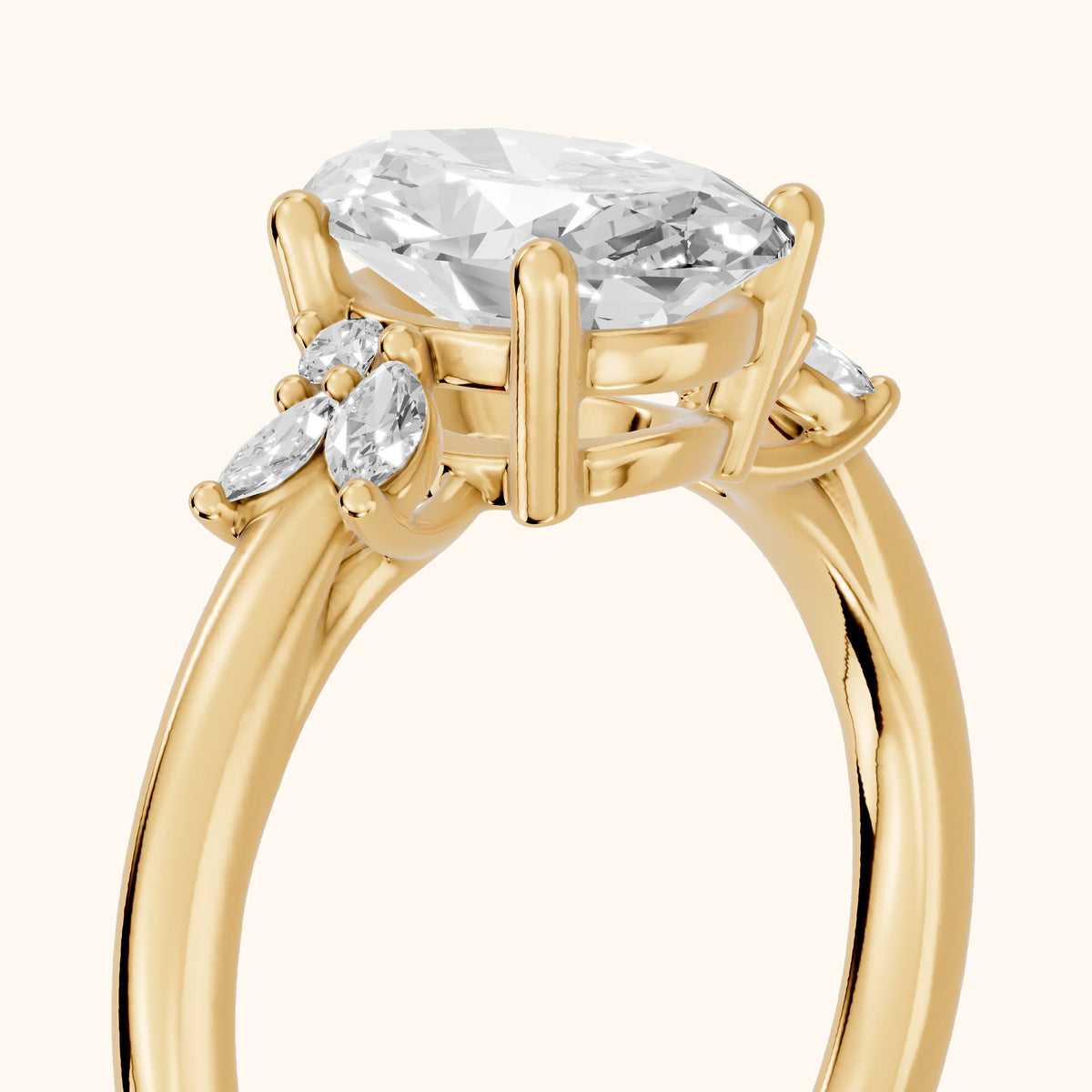 Avon Leaf Cluster Oval Diamond Engagement Ring in Yellow Gold - slant-view.webp