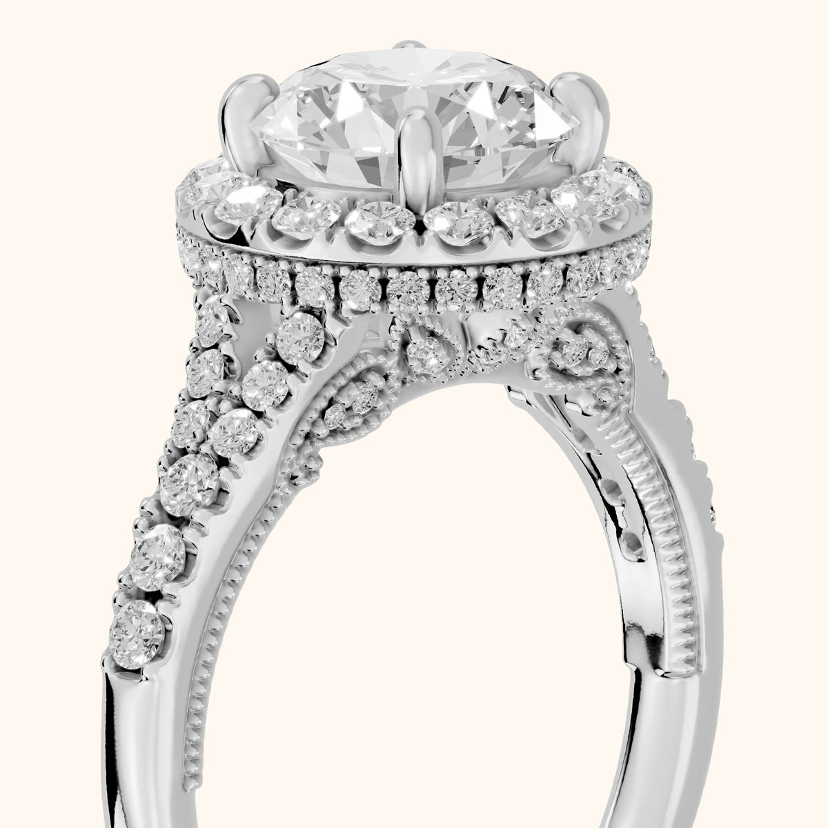Kenner Halo Split Shank Round Diamond Engagement Ring in Silver - slant-view.webp