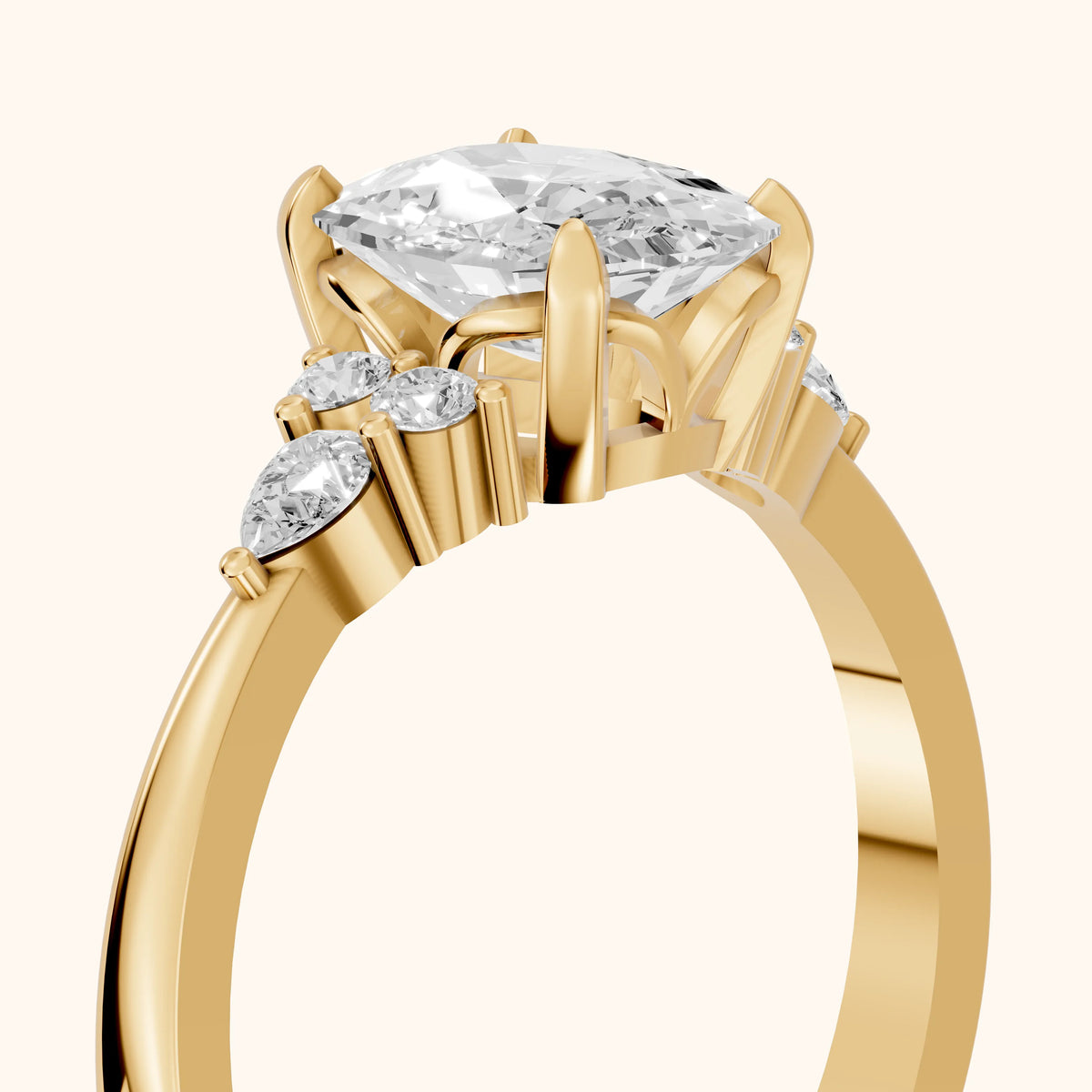 Amelia Three Stone Cushion Diamond Engagement Ring in Yellow Gold - slant-view.webp