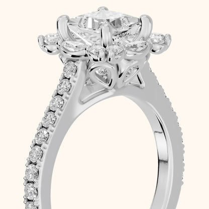 Edina Floral Halo Princess Diamond Engagement Ring in Platinum - slant-view.webp