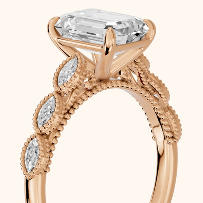 Freya Milgrain Leaf Emerald Diamond Engagement Ring in Rose Gold - slant-view.webp