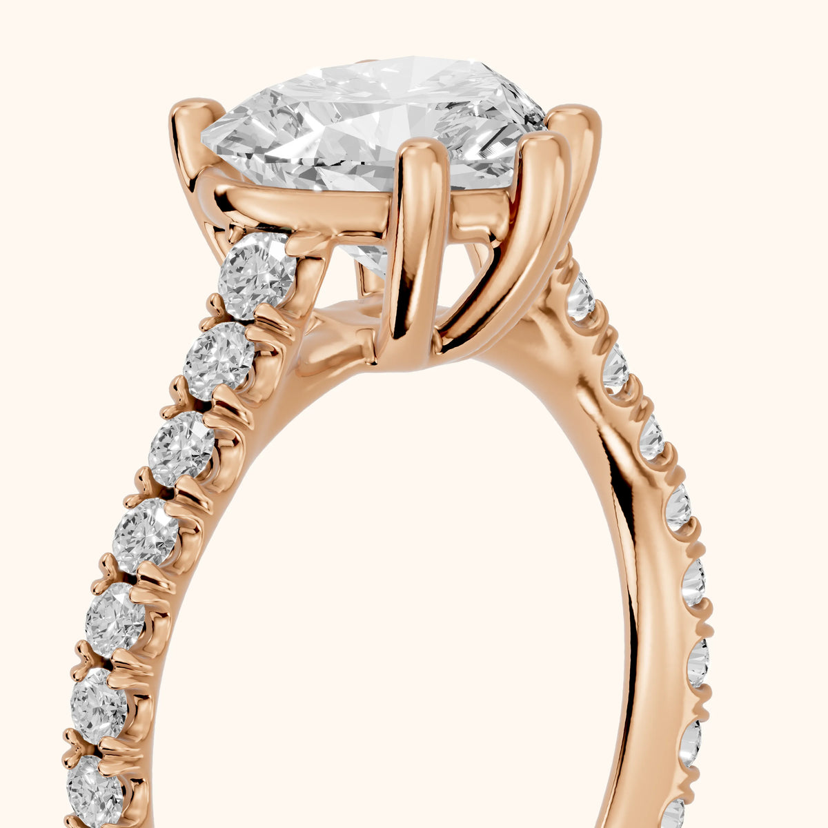 Una Cathedral Pavé Heart Diamond Engagement Ring in Rose Gold - slant-view.webp