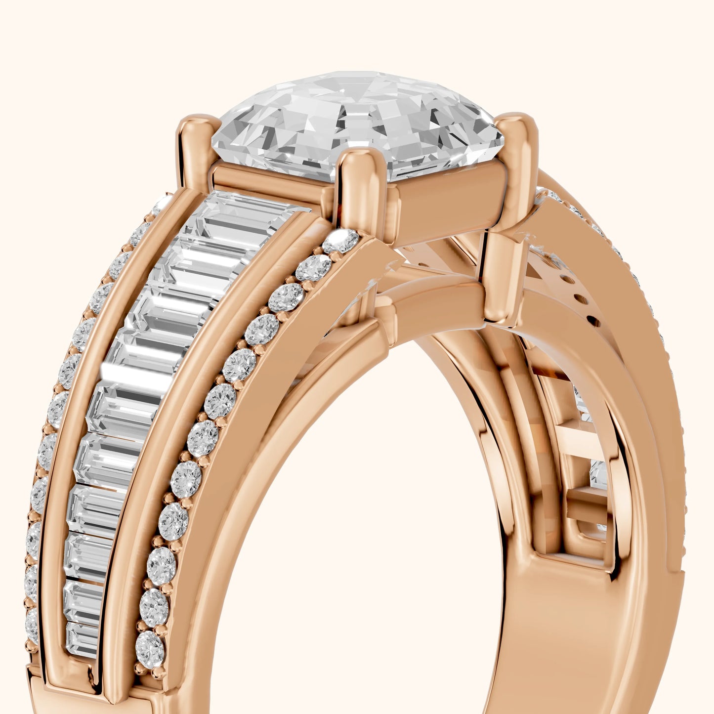 Halle Channel Set Baguette Accent Asscher Diamond Engagement Ring in Rose Gold - slant-view.webp