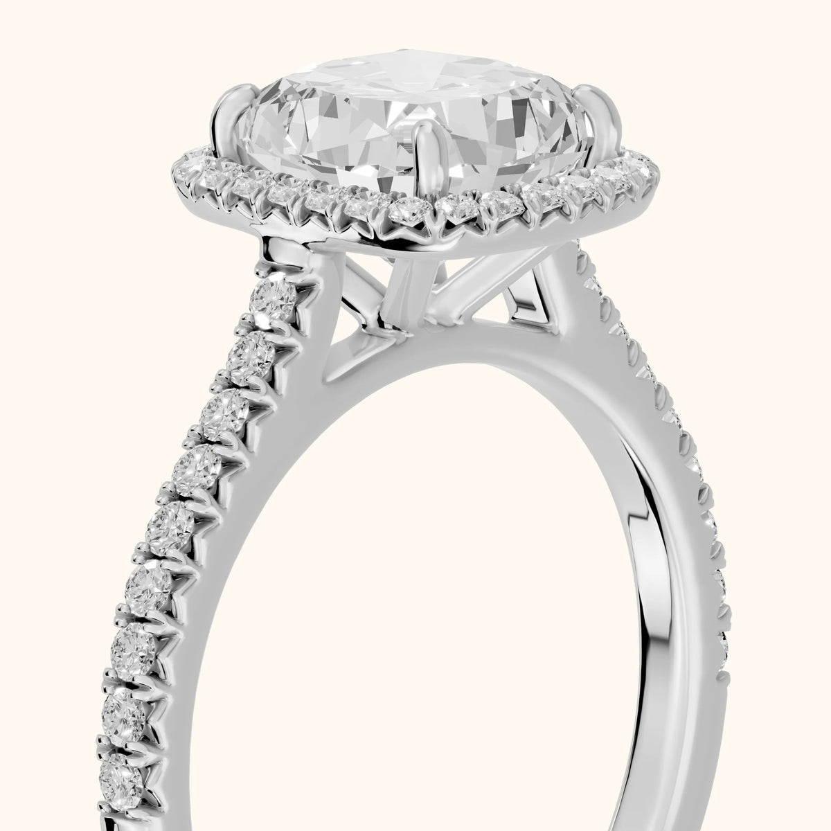 May Halo Pavé Cushion Diamond Engagement Ring in Platinum - slant-view.webp