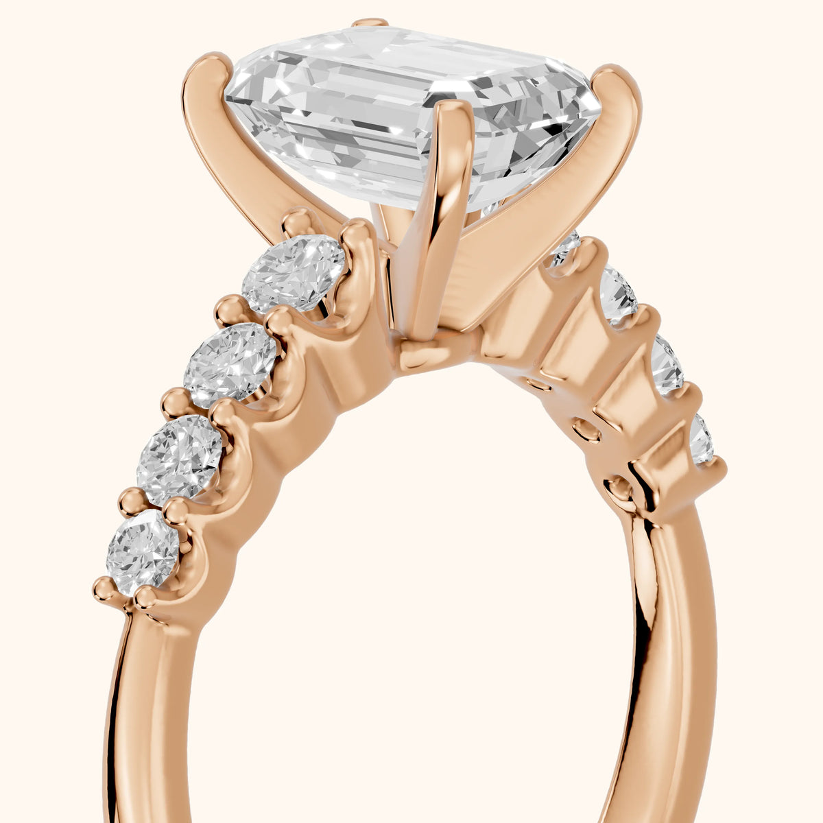 Augusta Graduated Pavé Emerald Diamond Engagement Ring in Rose Gold - slant-view.webp
