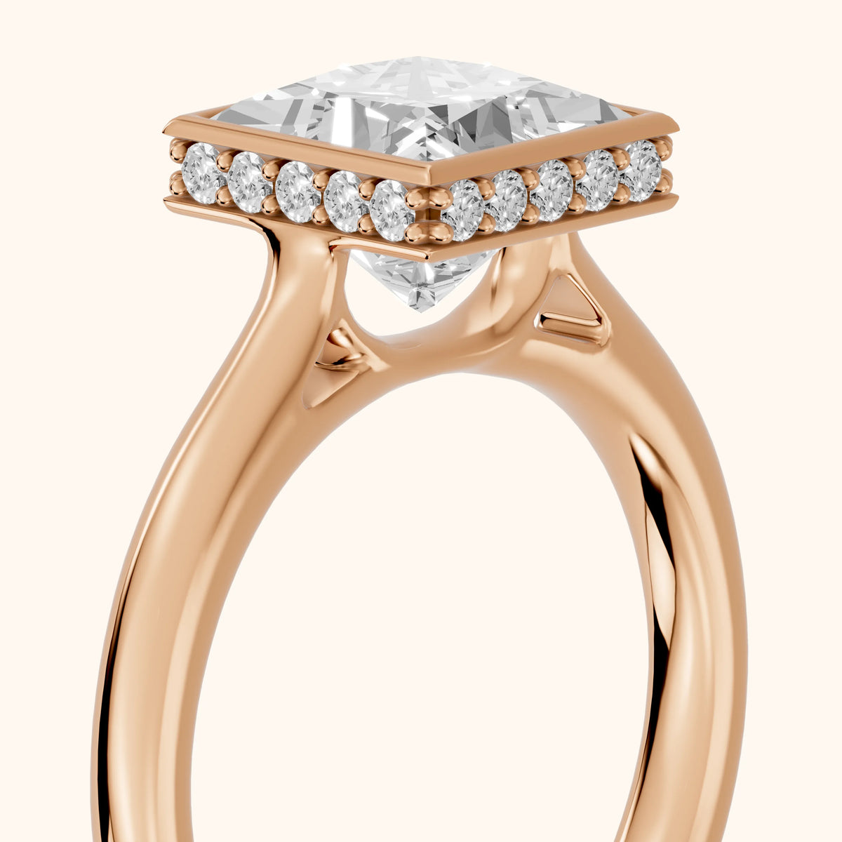 Nicolette Hidden Halo Bezel Princess Diamond Engagement Ring in Rose Gold - slant-view.webp