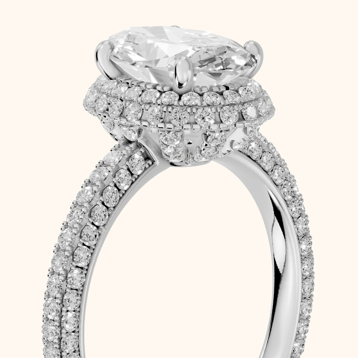 Fallon Halo Micropavé Oval Diamond Engagement Ring in Platinum - slant-view.webp