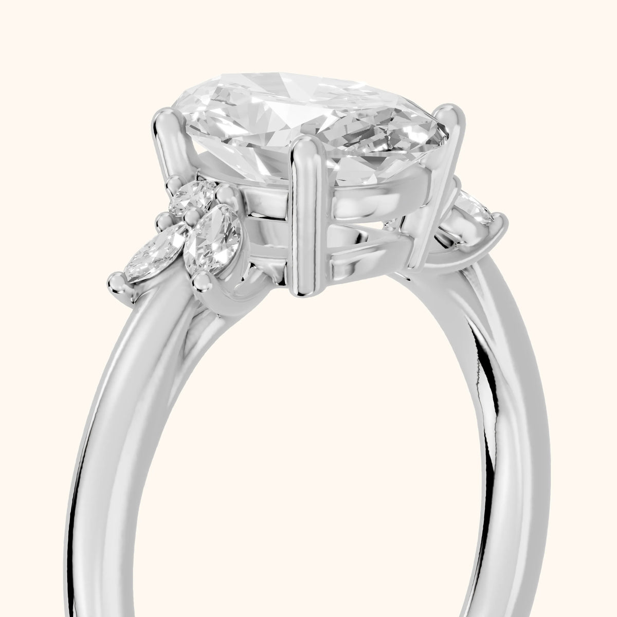 Avon Leaf Cluster Oval Diamond Engagement Ring in Silver - slant-view.webp