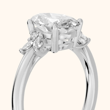 Avon Leaf Cluster Oval Diamond Engagement Ring in Silver - slant-view.webp