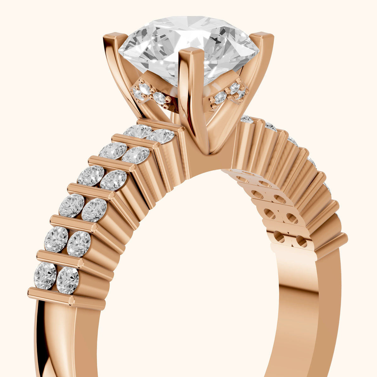 Honor Sidestone Round Diamond Engagement Ring in Rose Gold - slant-view.webp