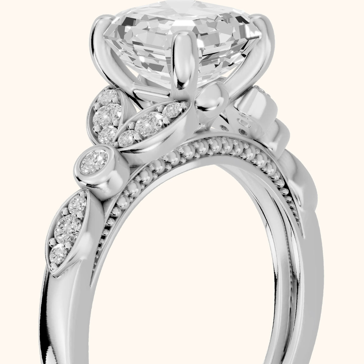 Polly Floral Cluster Asscher Diamond Engagement Ring in Platinum - slant-view.webp