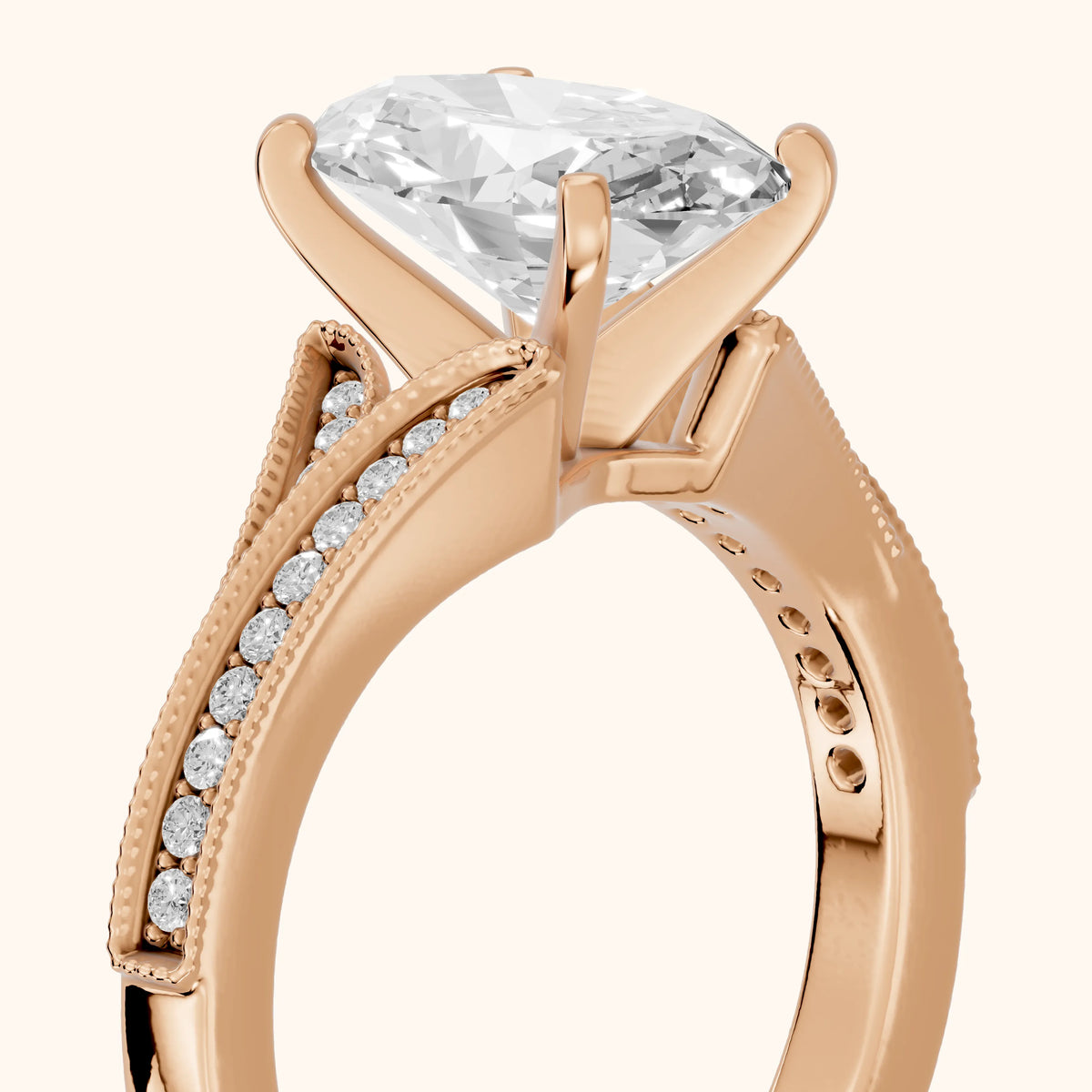 Nara Milgrain Split Shank Oval Diamond Engagement Ring in Rose Gold - slant-view.webp