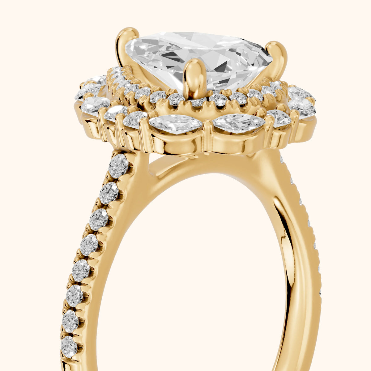 Lyndon Floral Double Halo Pear Diamond Engagement Ring in Yellow Gold - slant-view.webp