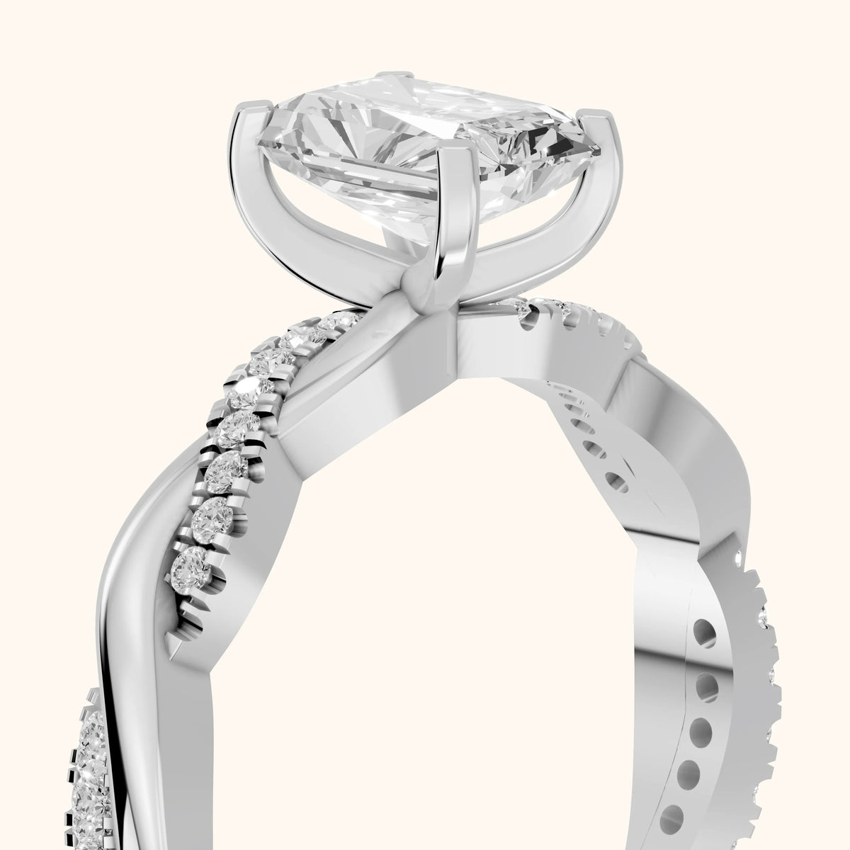 Twisted Side Stone Radiant Diamond Engagement Ring in Platinum - slant-view.webp