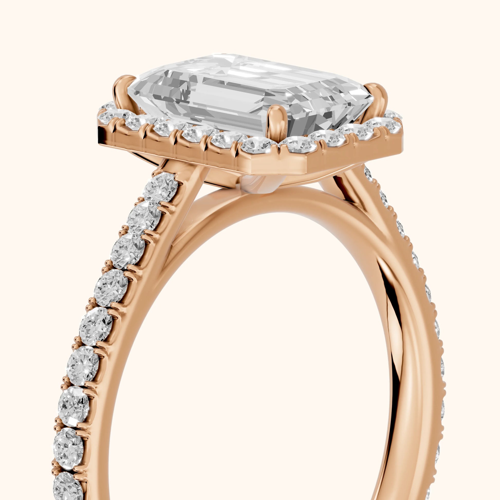 Willa Halo Micropavé Emerald Diamond Engagement Ring in Rose Gold - slant-view.webp