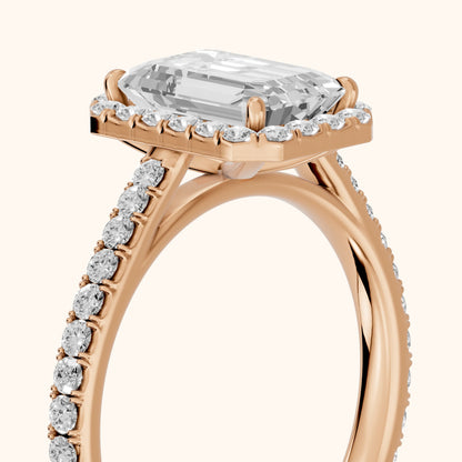 Willa Halo Micropavé Emerald Diamond Engagement Ring in Rose Gold - slant-view.webp