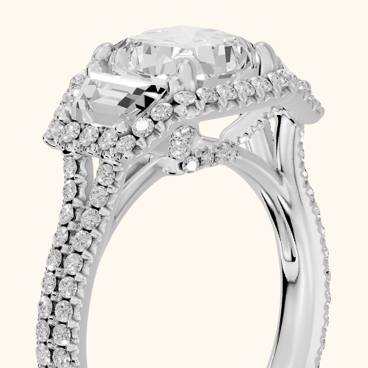 Oakley Three-Stone Split Shank Cushion Diamond Engagement Ring in White Gold - slant-view.webp