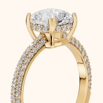 Violet Hidden Halo Pavé Cushion Diamond Ring in Yellow Gold - slant-view.webp