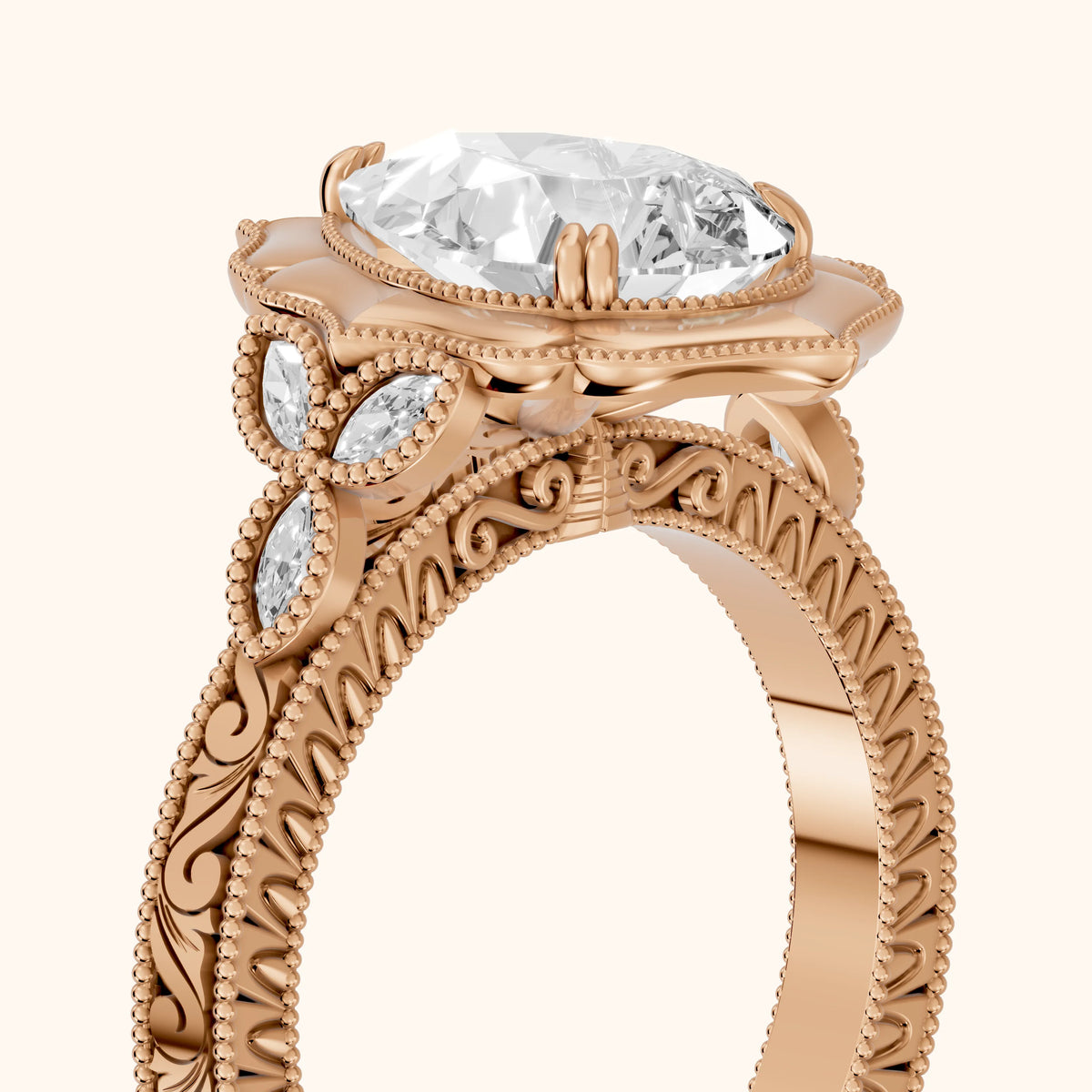 Shasta Vintage Scalloped Pear Diamond Engagement Ring in Rose Gold - slant-view.webp