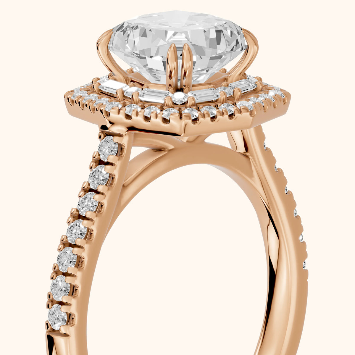 Janelle Double Halo Pavé Cushion Diamond Engagement Ring in Rose Gold - slant-view.webp
