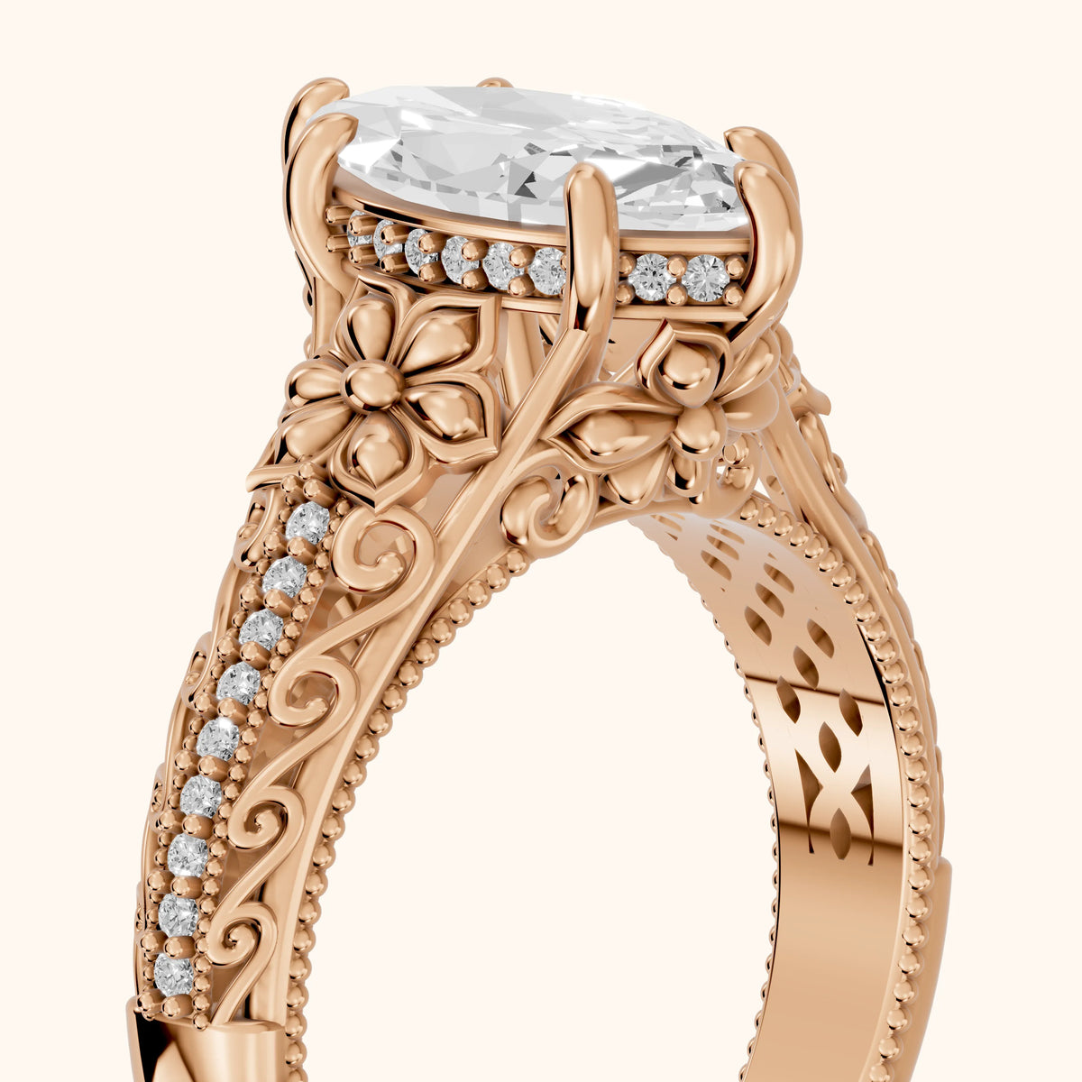 Mystic Hidden Halo Floral Marquise Diamond Engagement Ring in Rose Gold - slant-view.webp