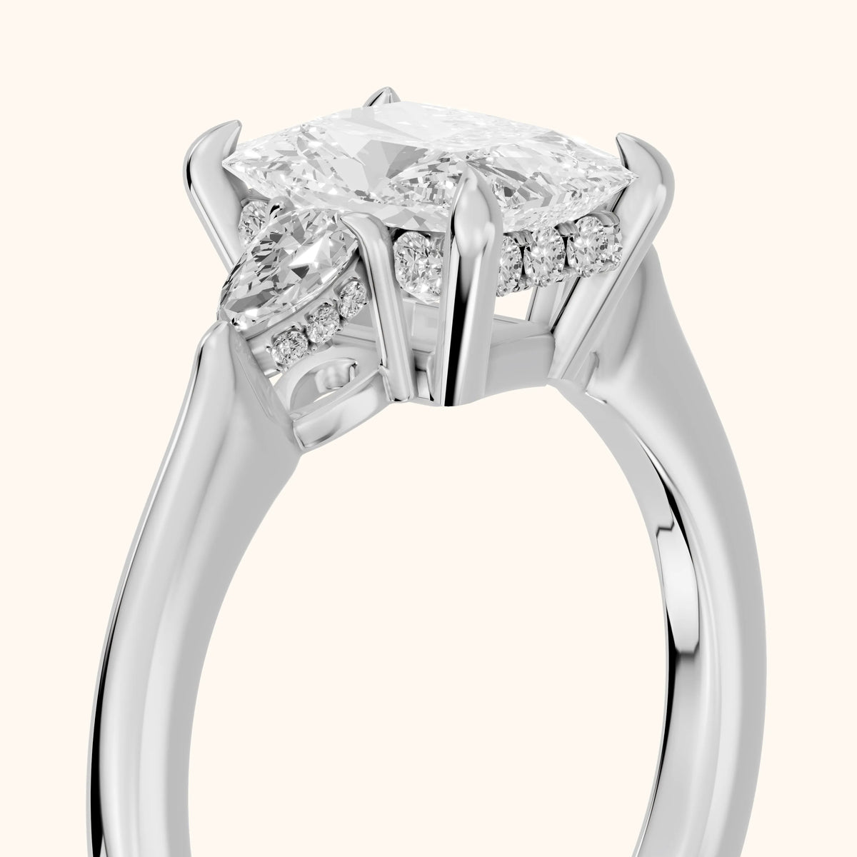 Leila Three-Stone Radiant Diamond Engagement Ring in White Gold - slant-view.webp