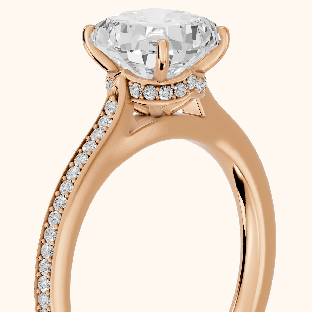 Becky Hidden Halo Cathedral Cushion Diamond Engagement Ring in Rose Gold - slant-view.webp
