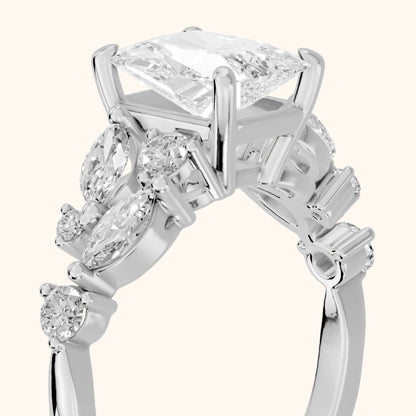 Kelsey Leaf Cluster Radiant Diamond Engagement Ring in Silver - slant-view.webp