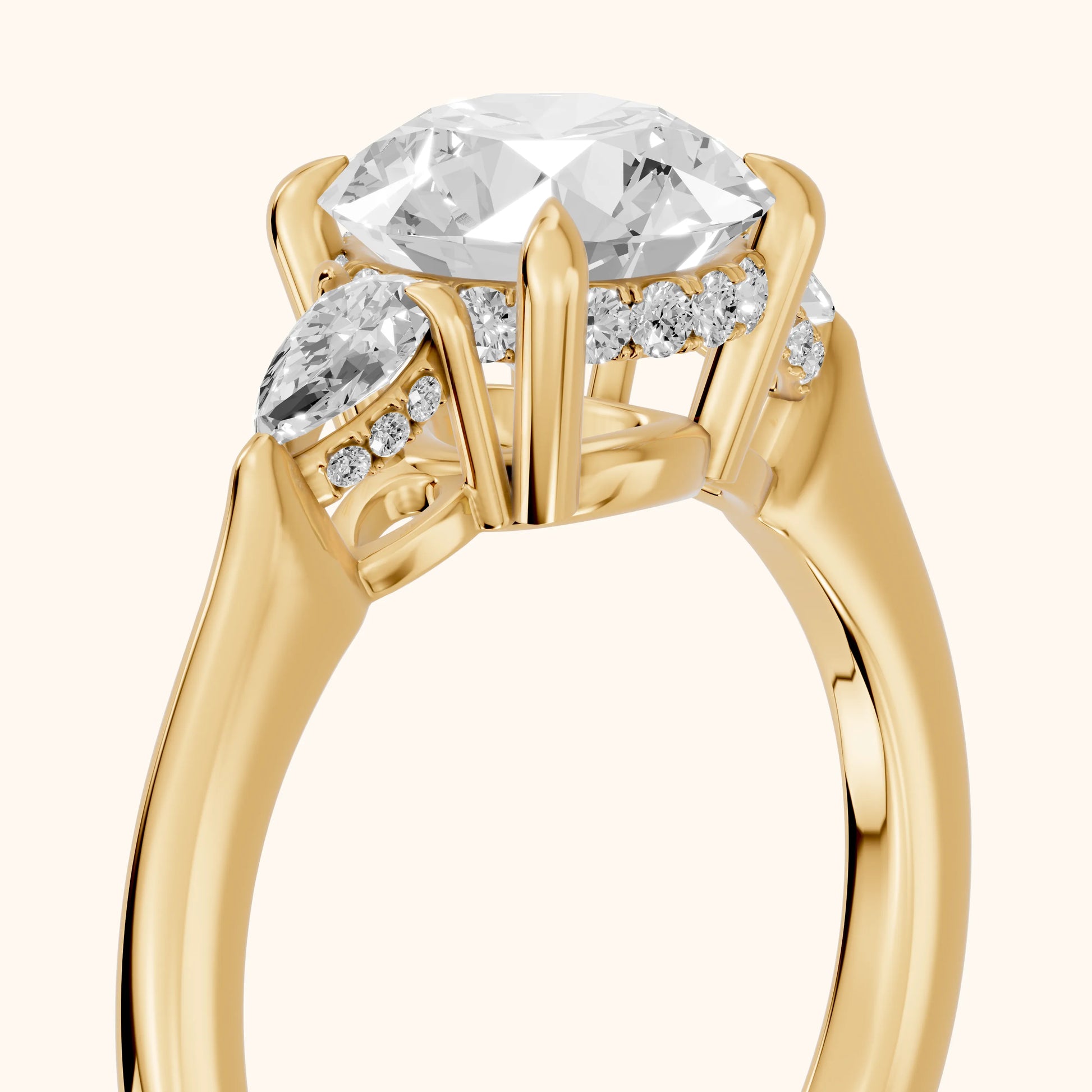Leila Three-Stone Round Diamond Engagement Ring in Yellow Gold - slant-view.webp