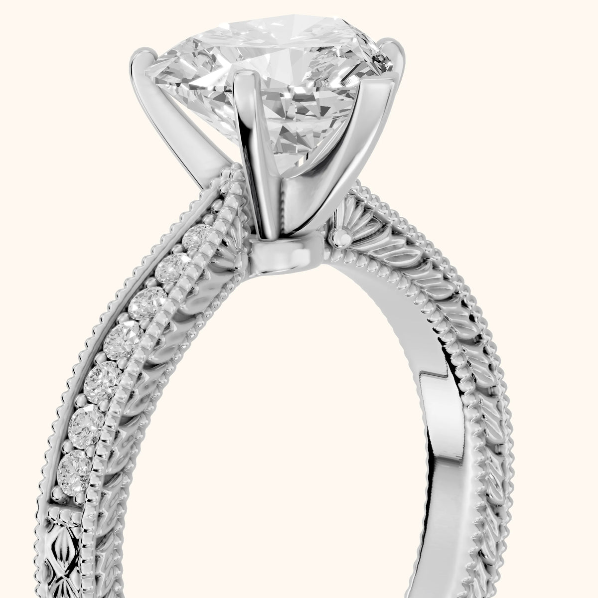 Inga Vintage Engraved Heart Diamond Engagement Ring in Silver - slant-view.webp