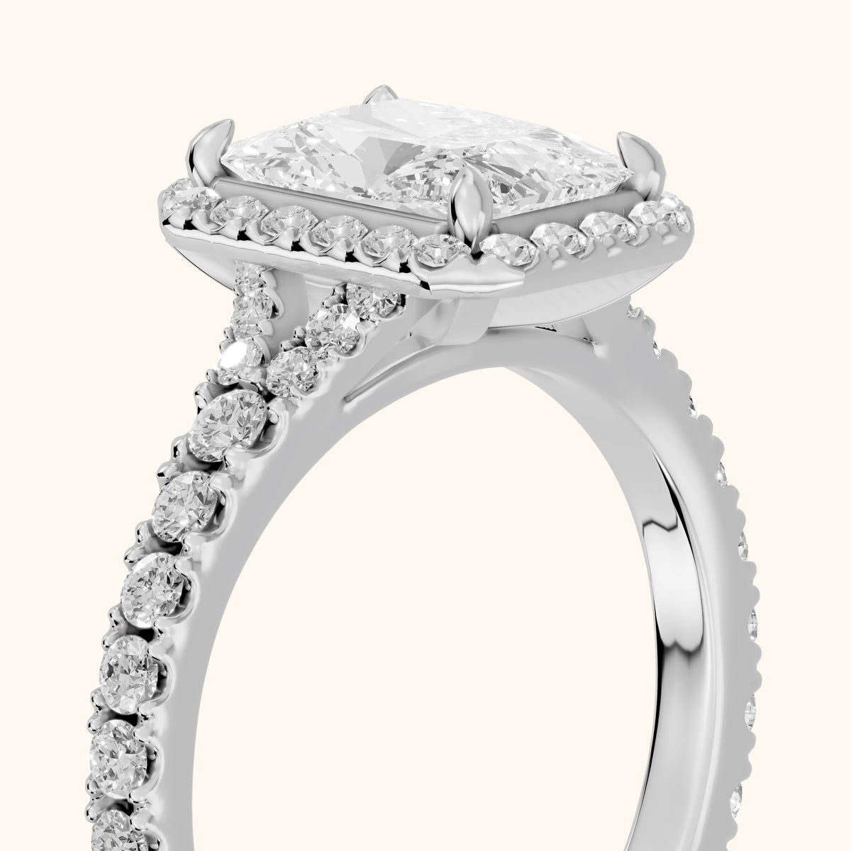 Bella Halo Pavé Radiant Diamond Engagement Ring in Platinum - slant-view.webp