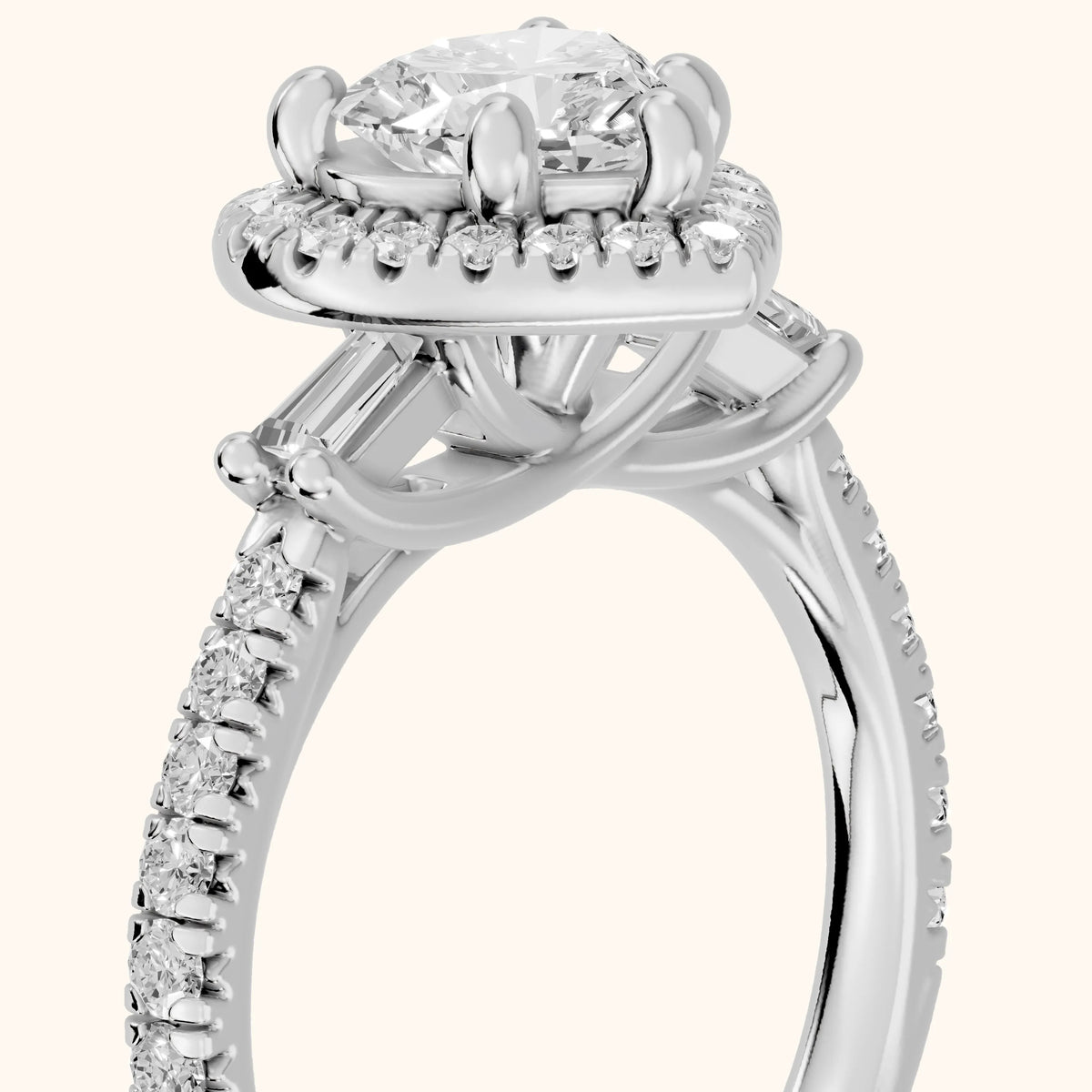 Provo Baguette Halo Heart Diamond Engagement Ring in Platinum - slant-view.webp