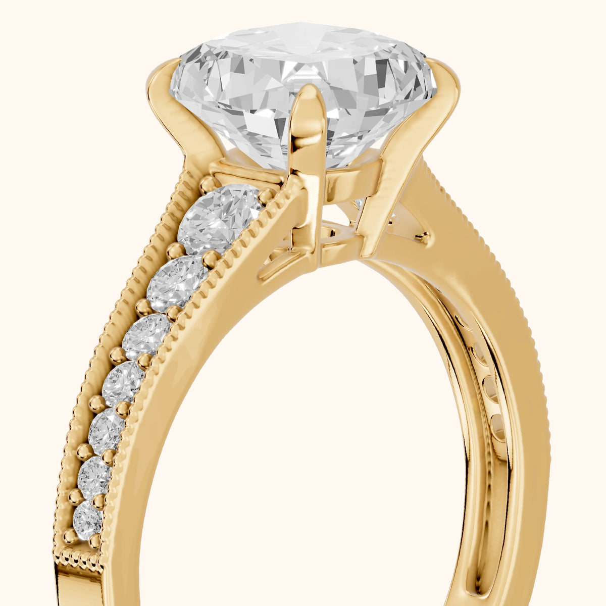 Mary Milgrain Pavé Cushion Diamond Engagement Ring in Yellow Gold - slant-view.webp