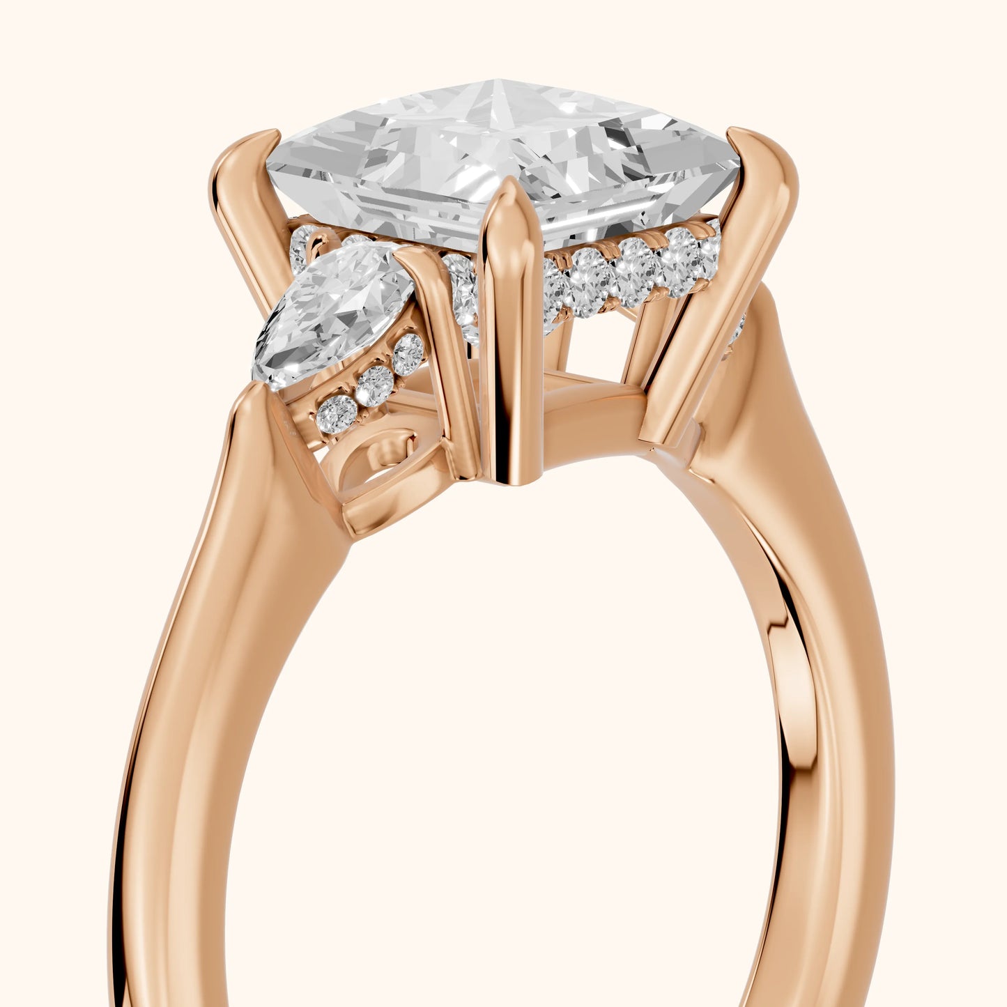Leila Three-Stone Princess Diamond Engagement Ring in Rose Gold - slant-view.webp