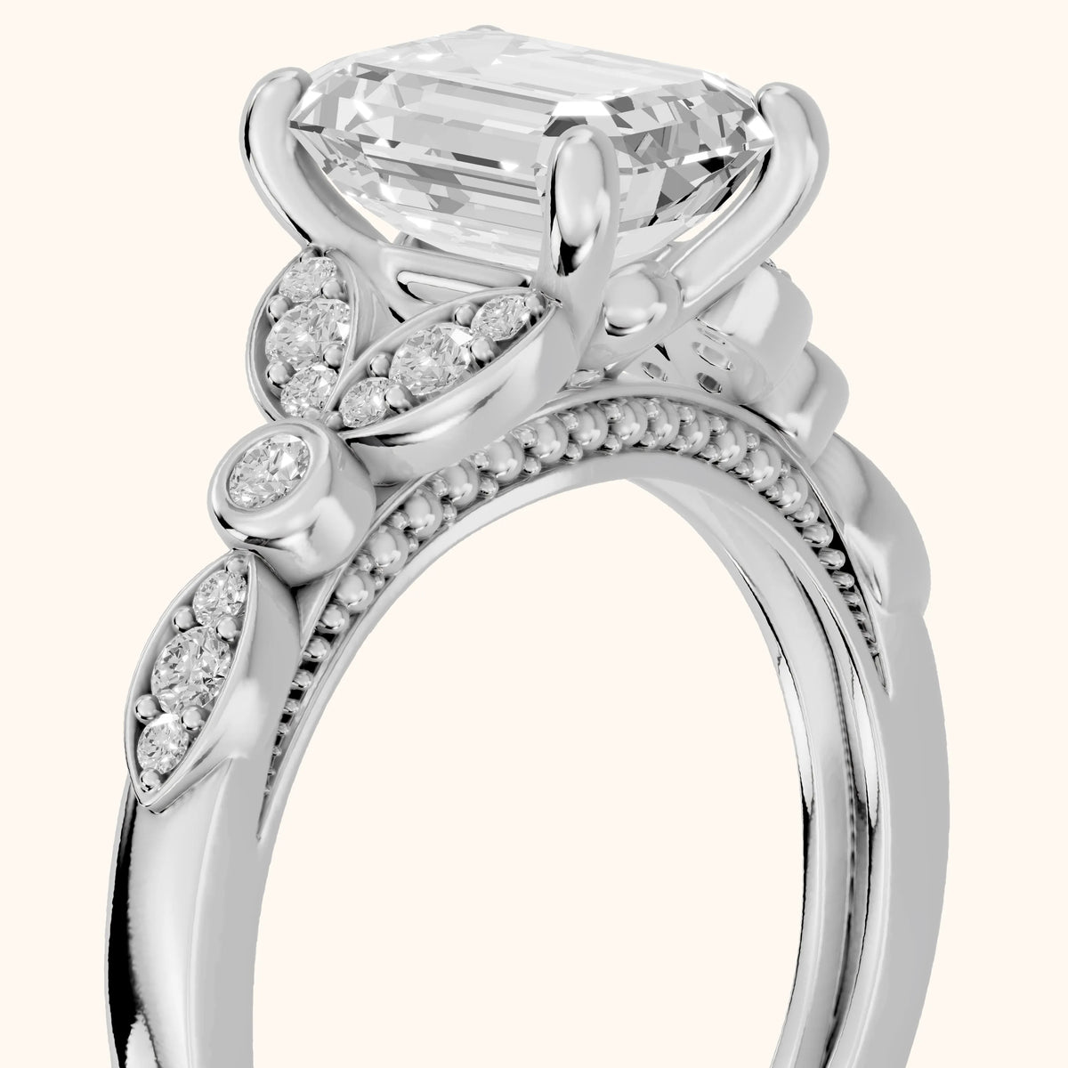 Polly Floral Cluster Emerald Diamond Engagement Ring in White Gold - slant-view.webp