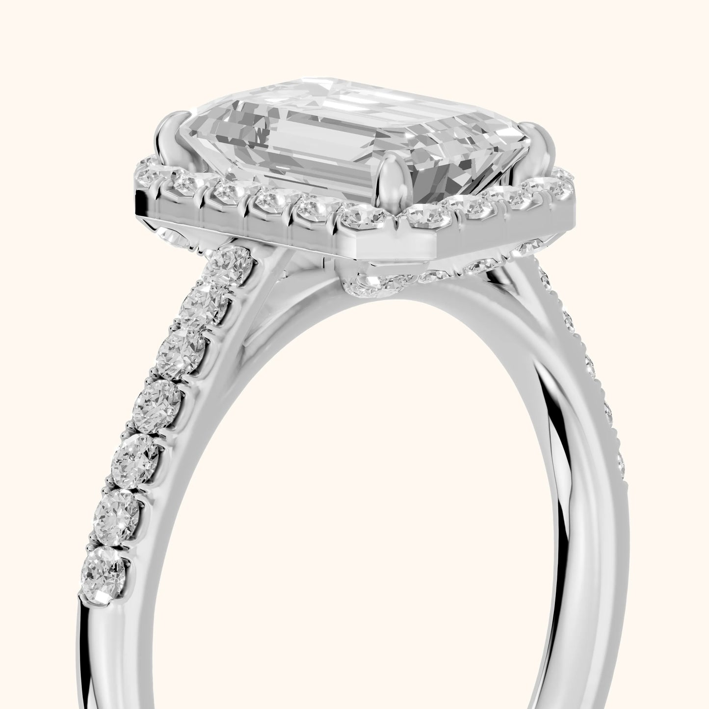 Alma Halo Pavé Emerald Diamond Ring in White Gold - slant-view.webp