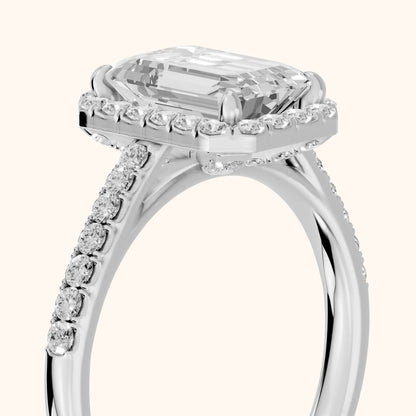 Alma Halo Pavé Emerald Diamond Ring in White Gold - slant-view.webp