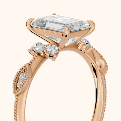 Naomi Vintage Milgrain Emerald Diamond Engagement Ring in Rose Gold - slant-view.webp