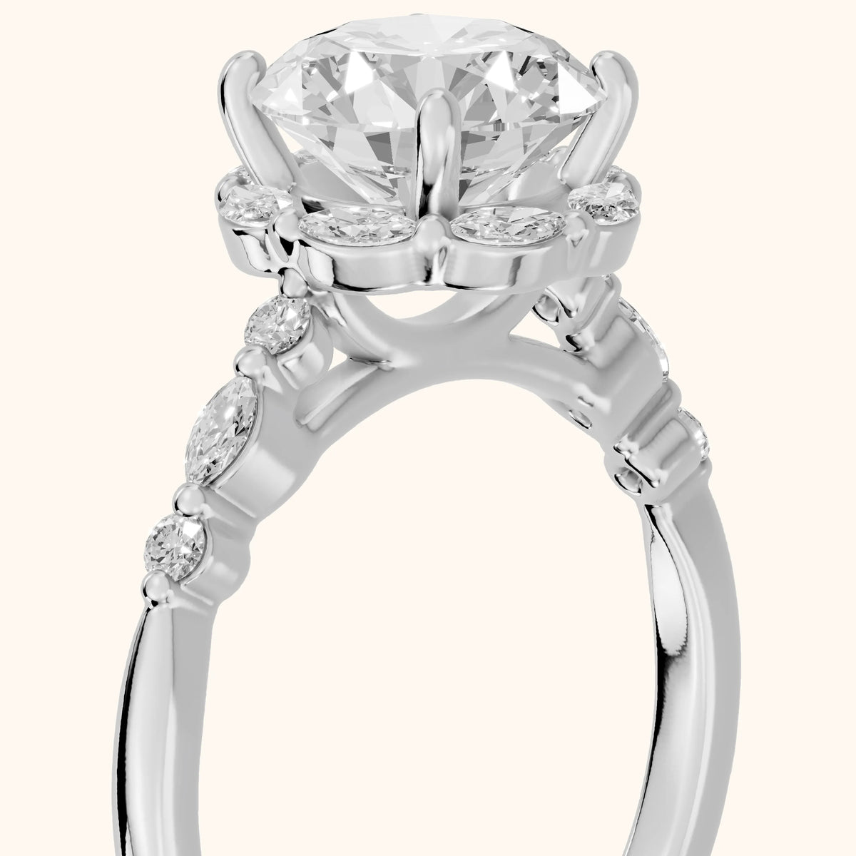 Valentina Petal Halo Round Diamond Engagement Ring in Platinum - slant-view.webp