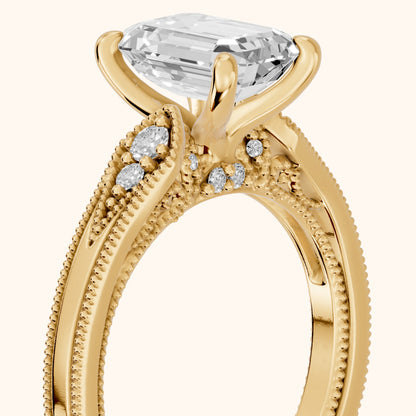 Etta Vintage Milgrain Emerald Diamond Engagement Ring in Yellow Gold - slant-view.webp