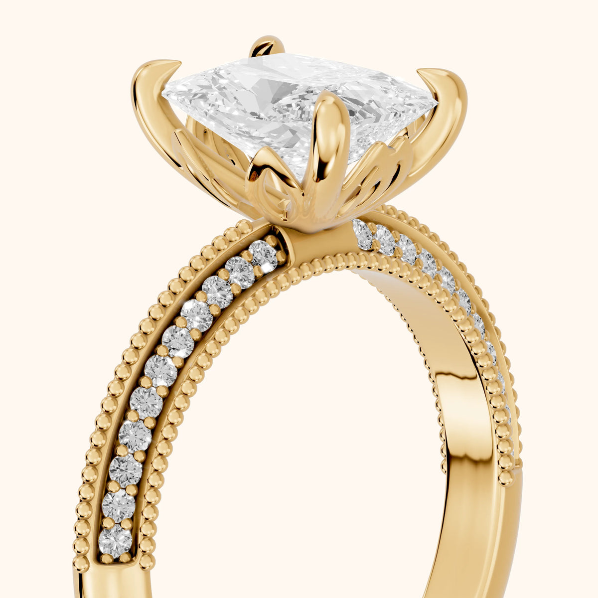 Chiara Vintage Milgrain Radiant Diamond Engagement Ring in Yellow Gold - slant-view.webp