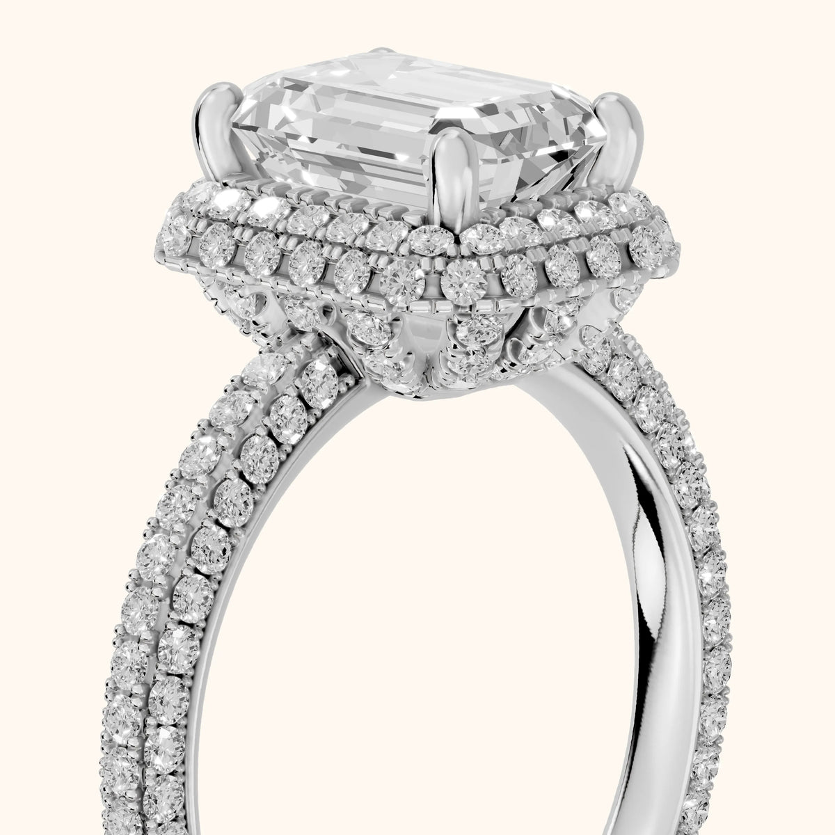 Fallon Halo Micropavé Emerald Diamond Engagement Ring in White Gold - slant-view.webp