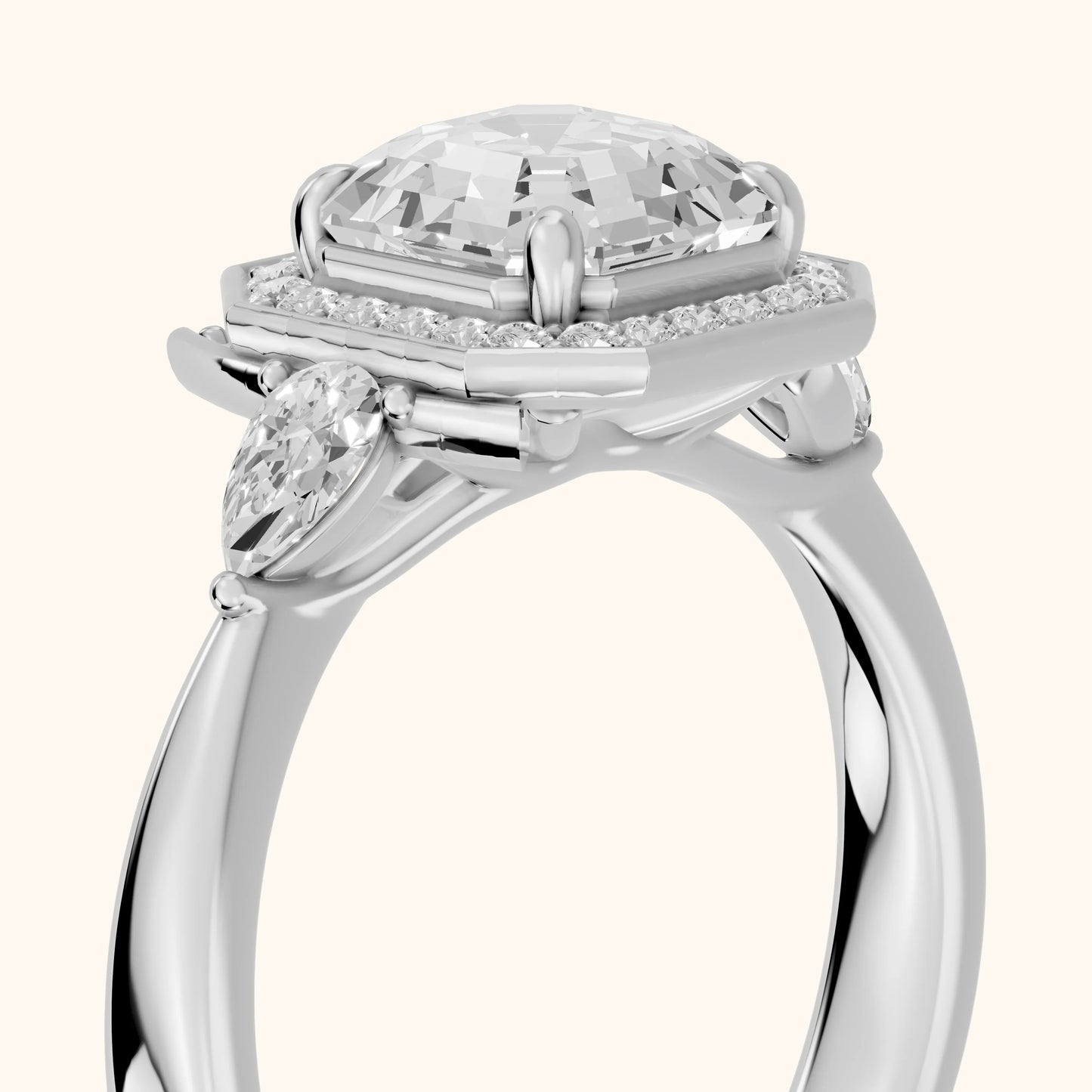 Eliza Halo Sidestone Asscher Diamond Engagement Ring in White Gold - slant-view.webp