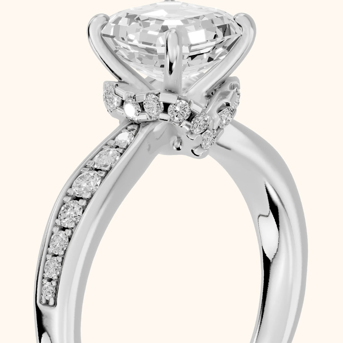 Ione Hidden Halo Pavé Asscher Diamond Engagement Ring in Silver - slant-view.webp