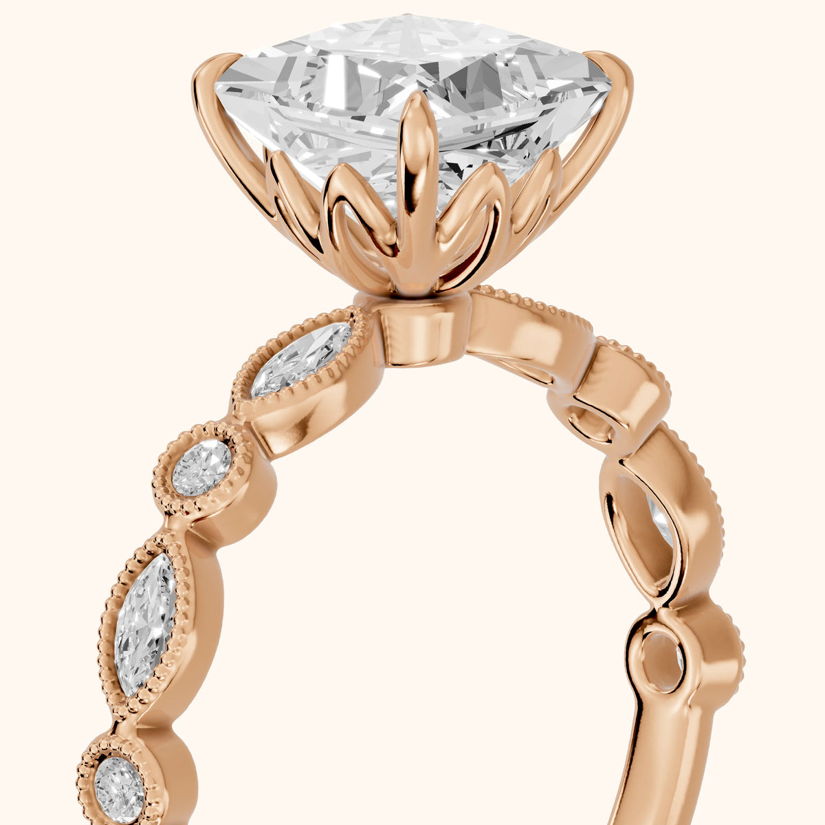 Lena Milgrain Leaf Princess Diamond Engagement Ring in Rose Gold - slant-view.webp