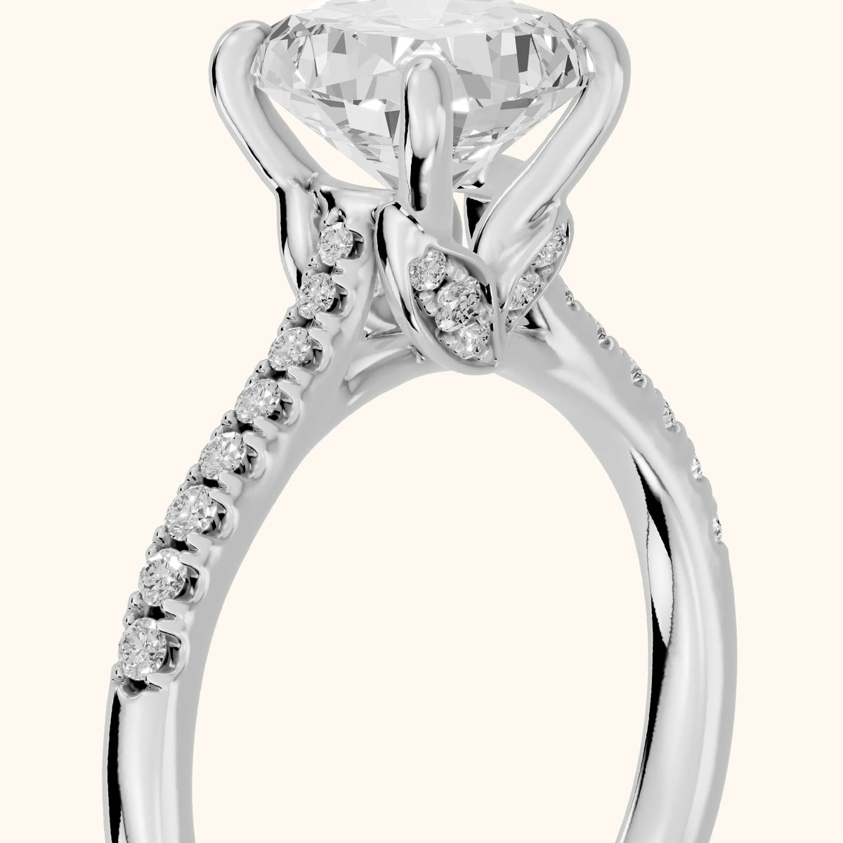 Moab Petal Pavé Cushion Diamond Engagement Ring in Platinum - slant-view.webp